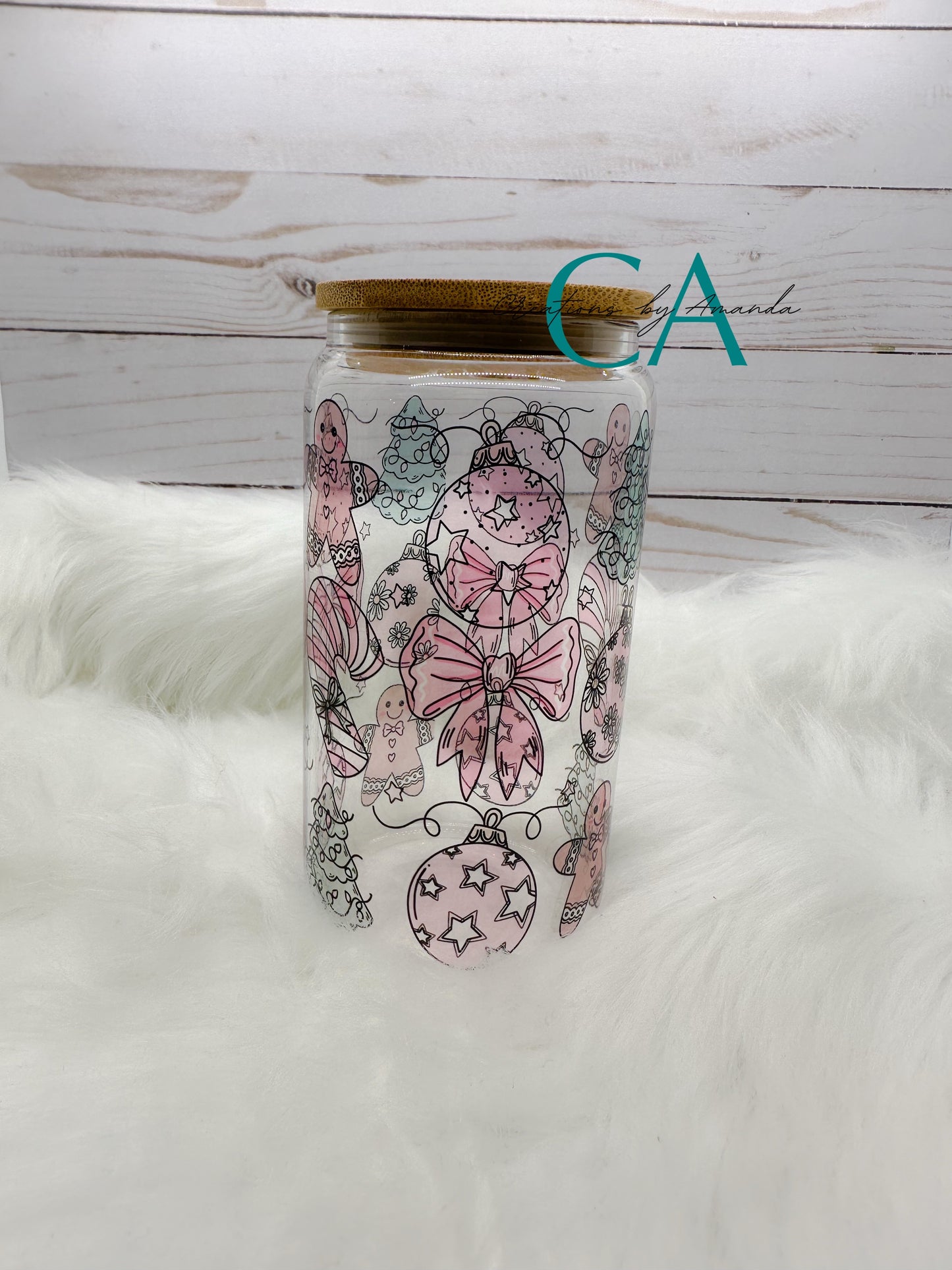 Christmas Trees, Ornaments, Gingerbread Man, Candy Canes, Bows Glass Jar