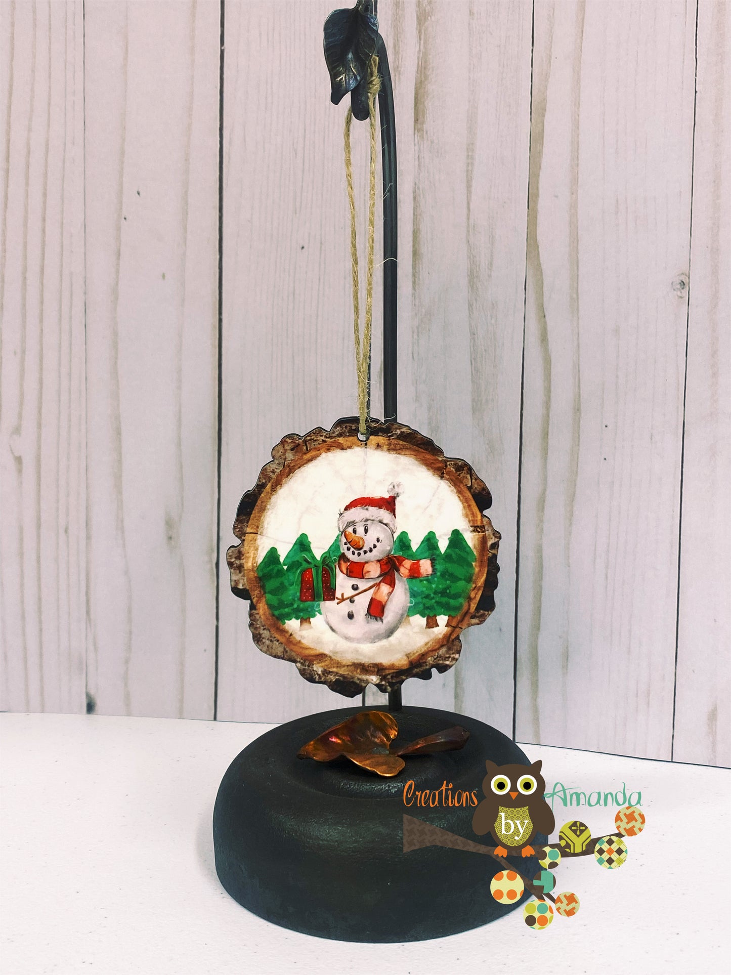 Snowman with Pine Trees Wood Slice Ornament