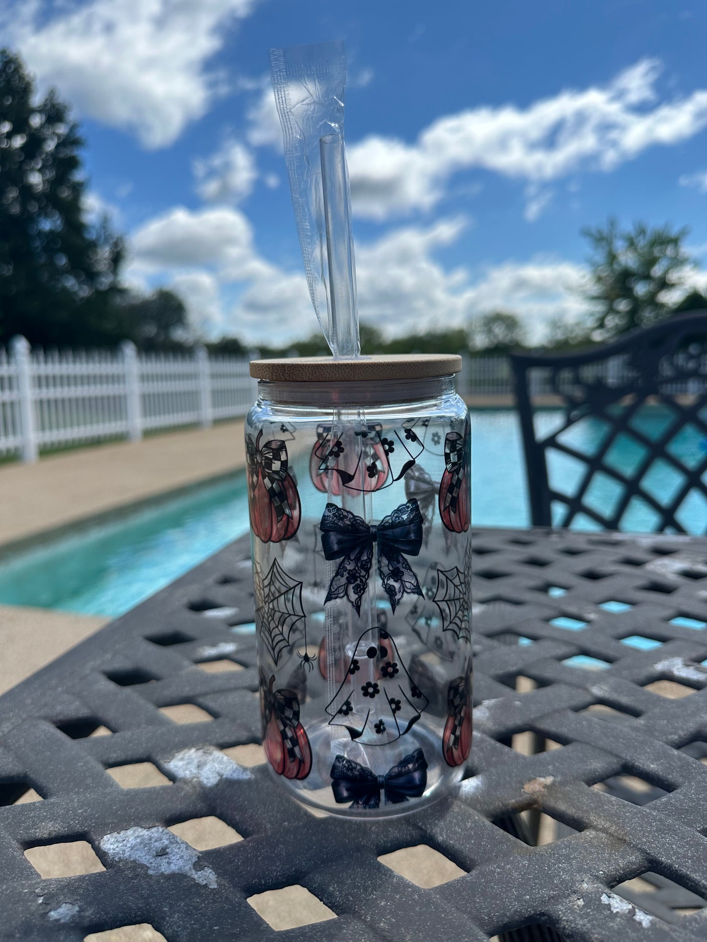 Ghosts, Pumpkins, Spiderwebs Glass Jar