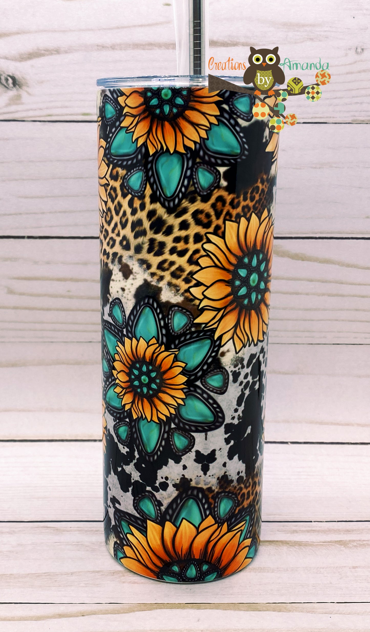 Sunflowers, Cow print and Teal Tumbler
