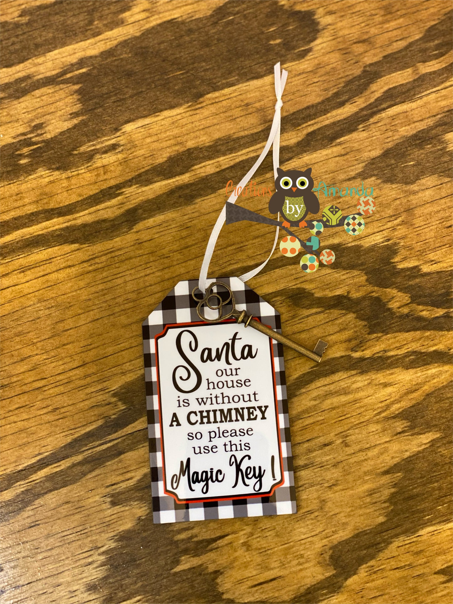 Santa Key - White/Black Buffalo Plaid Tag Ornament