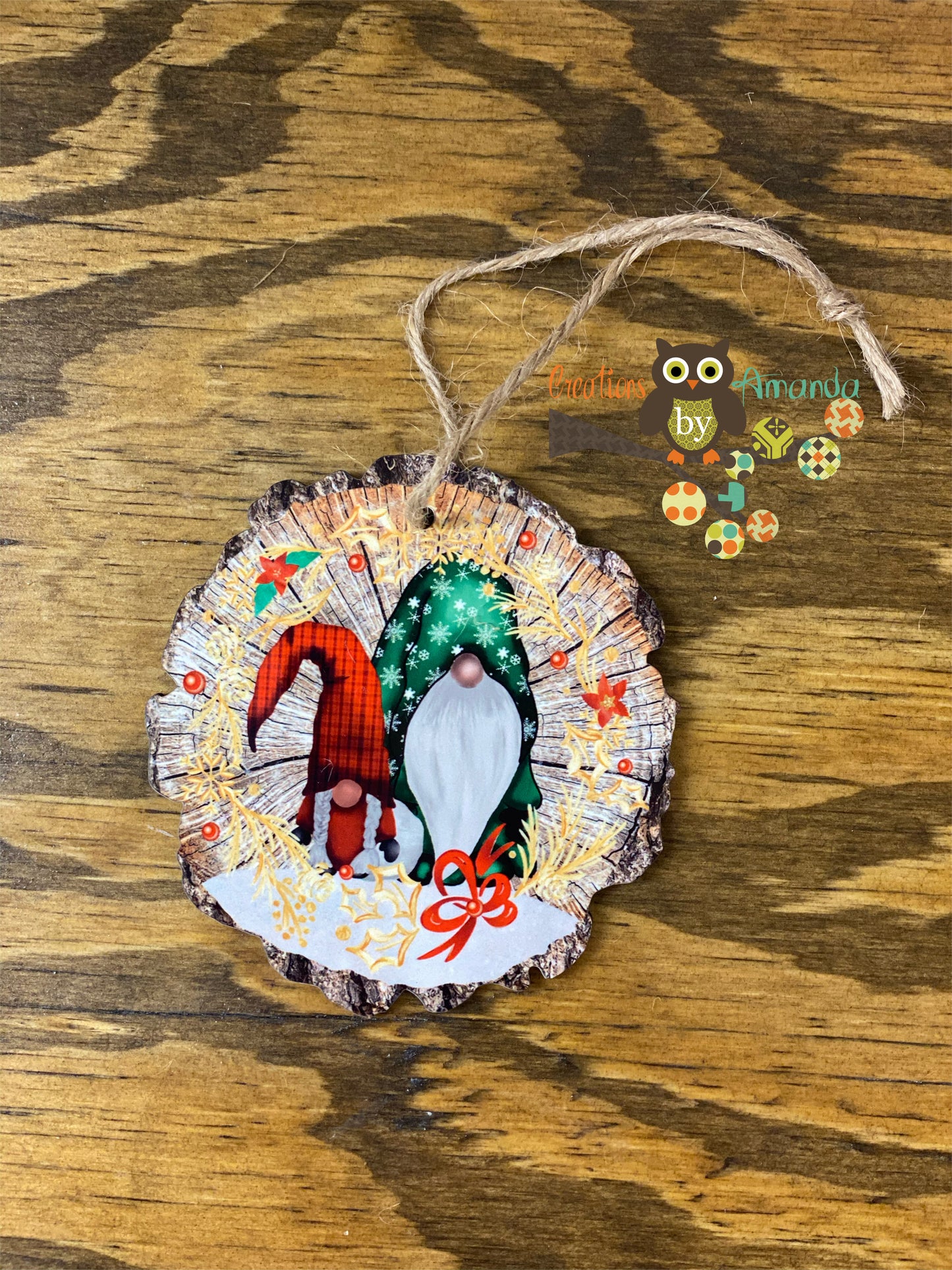 Red & Green Gnome Wood Slice Ornament