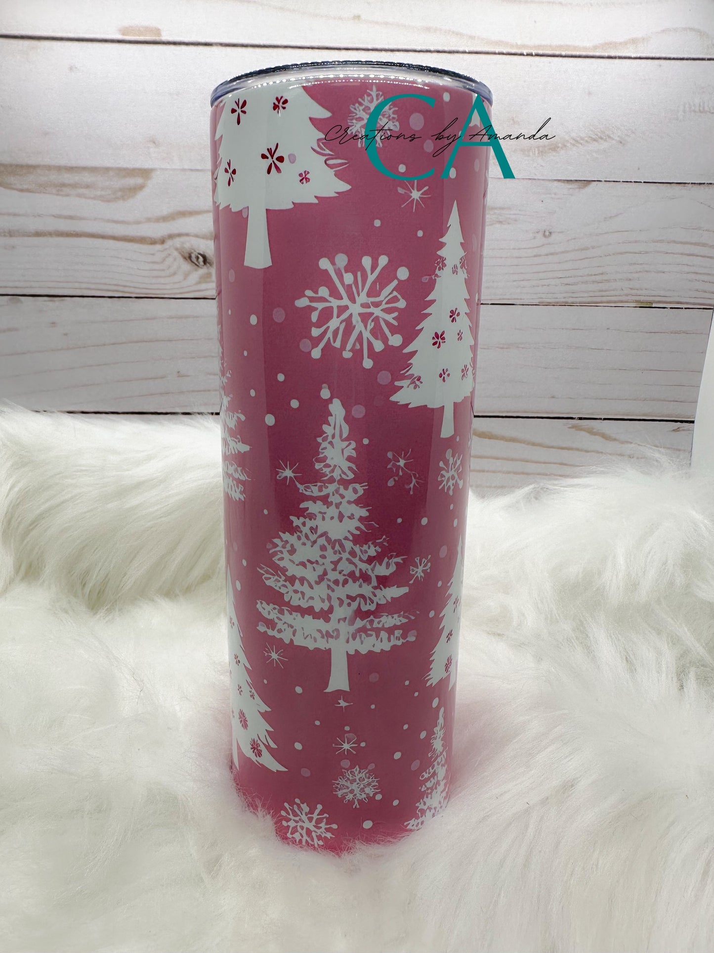 Retro Pink & White Christmas Trees Tumbler