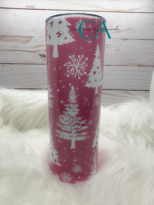 Retro Pink & White Christmas Trees Tumbler