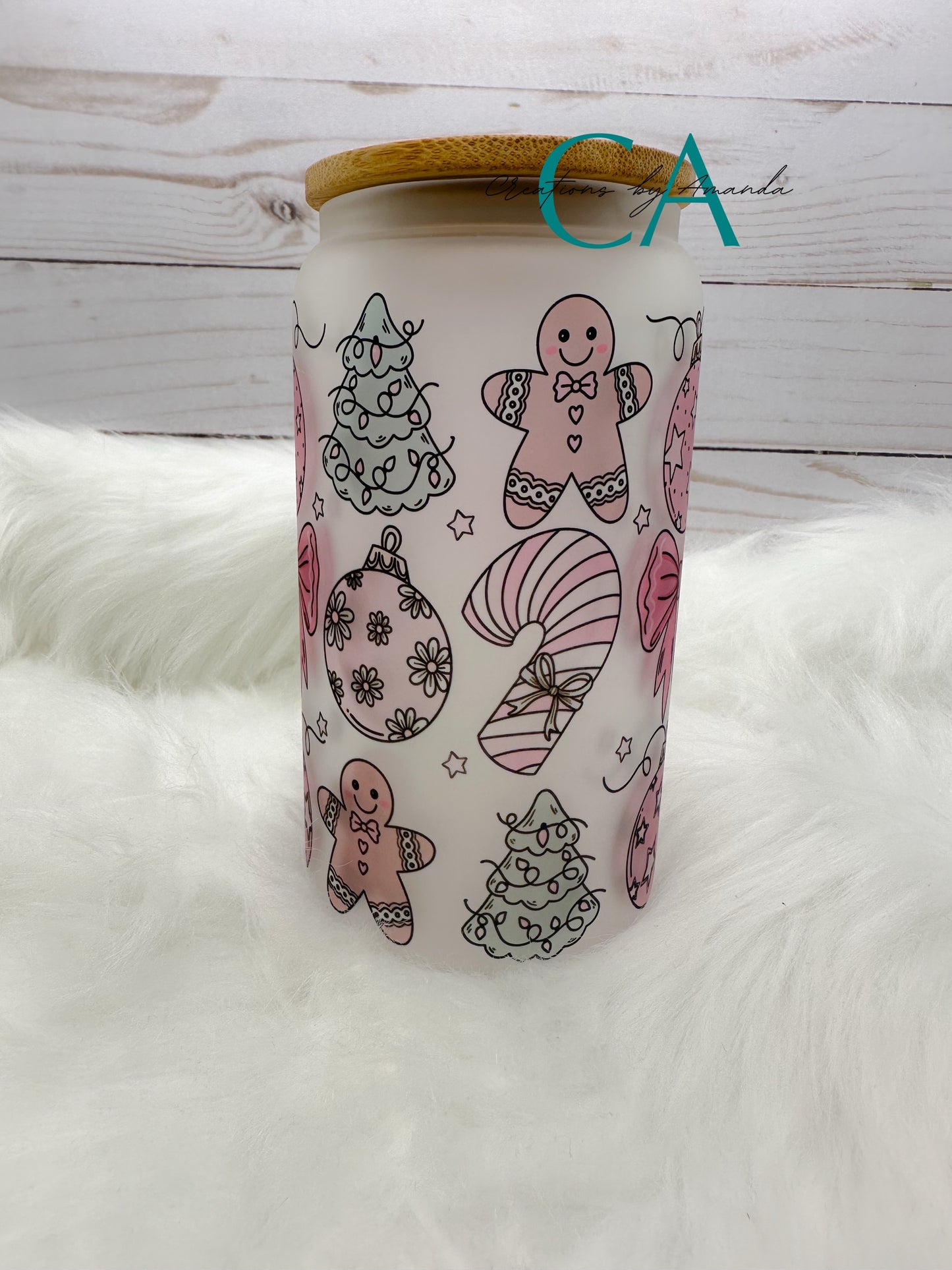 Christmas Trees, Ornaments, Gingerbread Man, Candy Canes, Bows Glass Jar