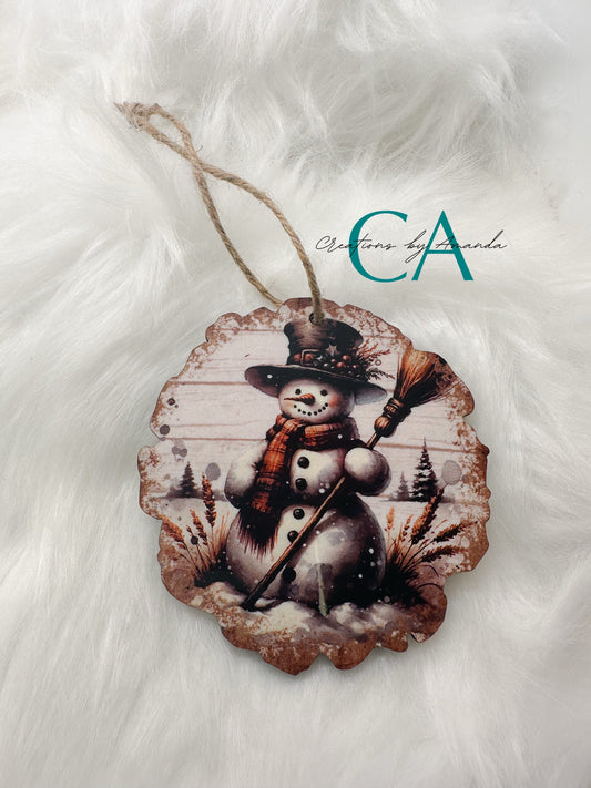Snowman with Scarf Wood Slice Ornament