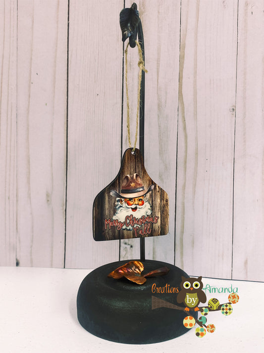 Santa Merry Christmas Y'All Cow Tag Ornament