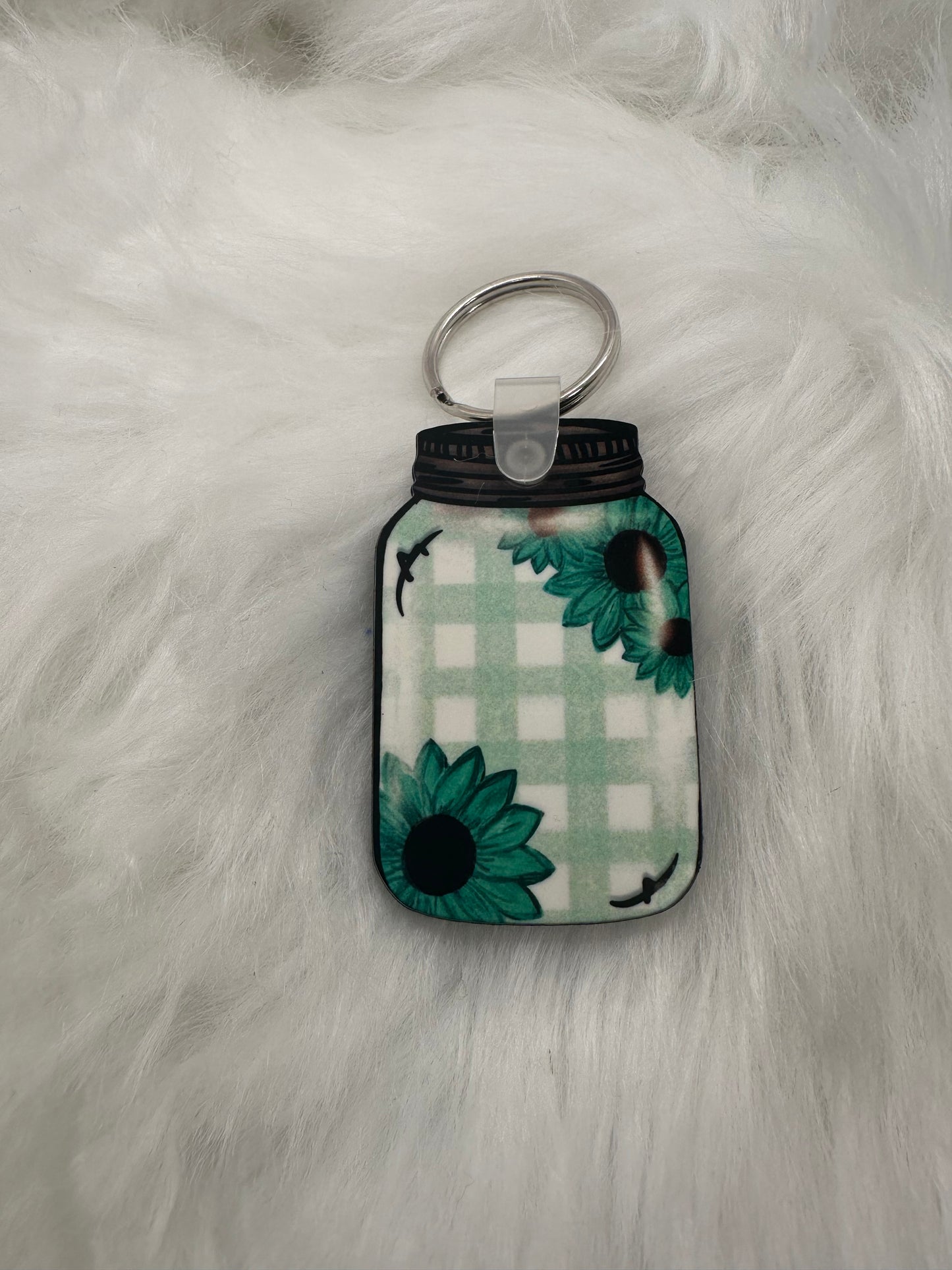Teal and Plaid Flowers Keychain