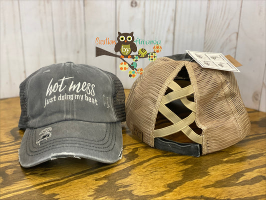 Hot Mess, Just Doing my Best CC Beanie Criss Cross Hat (Grey/Grey)