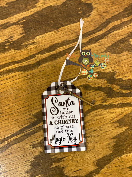 Santa Key - White/Black Buffalo Plaid Tag Ornament