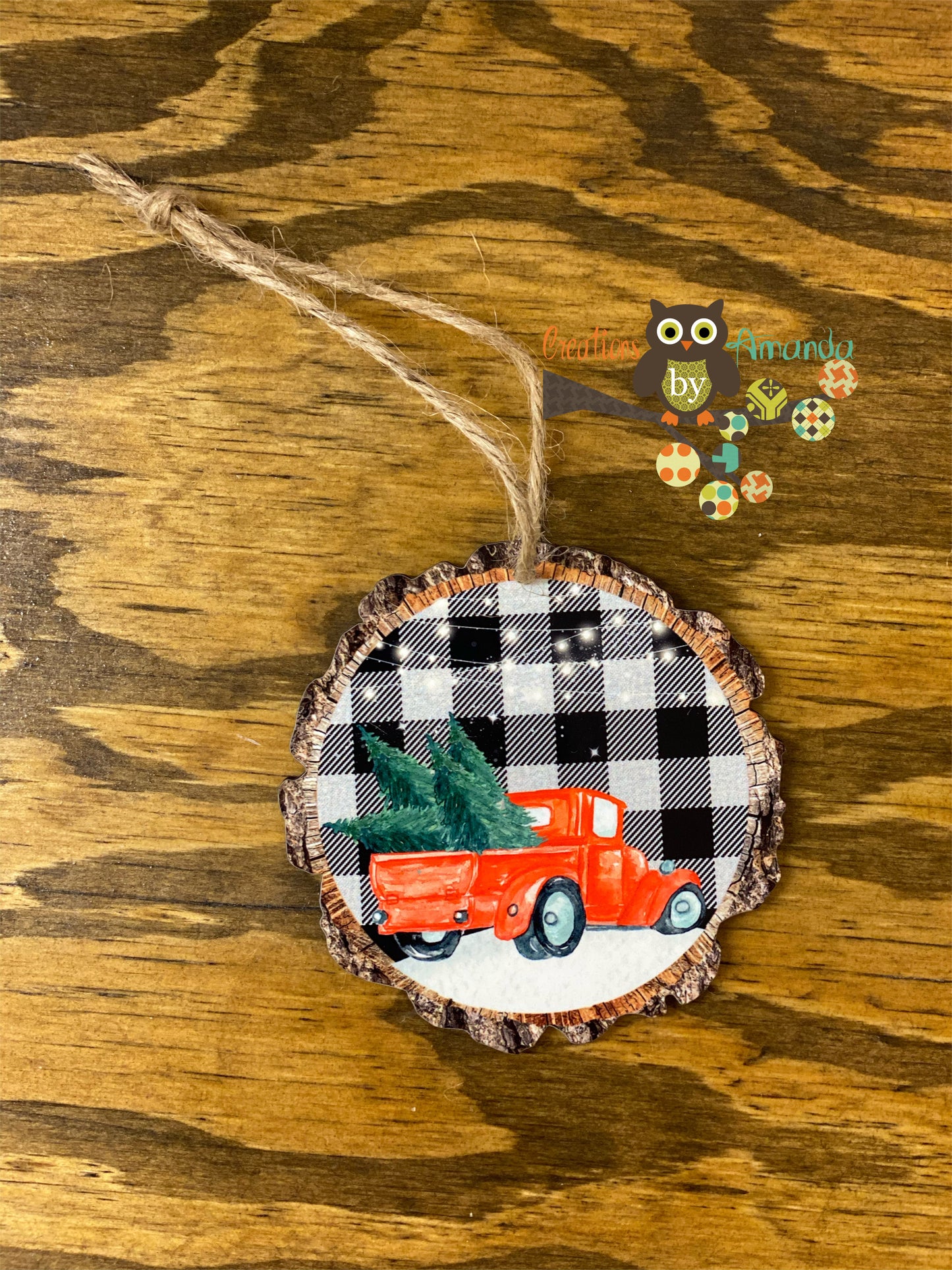 Red Pickup Truck with Trees (4) In Bed Wood Slice Ornament