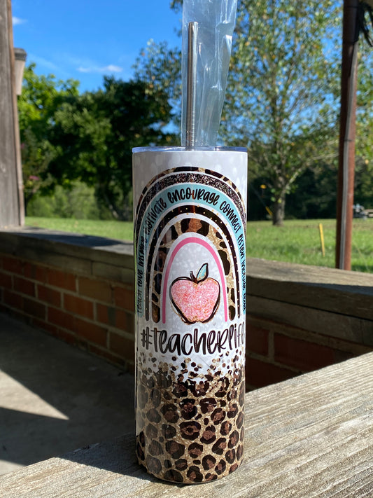 Teacher Rainbow Leopard Glitter Tumbler