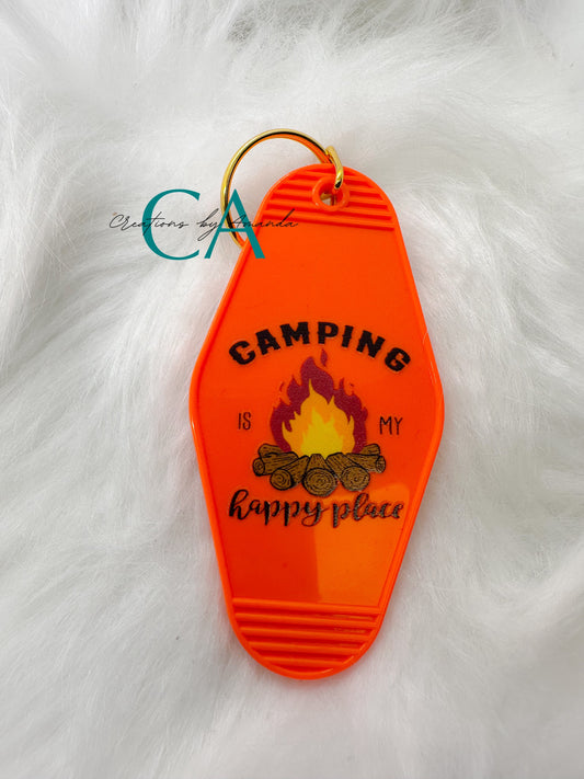 Motel Keychain - Camping Is My Happy Place (Orange)